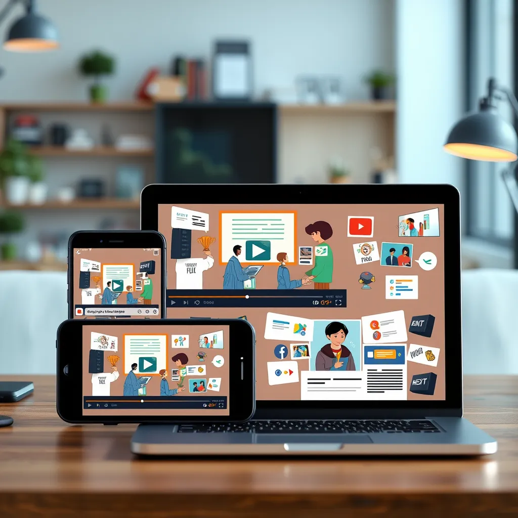 A collage of various digital devices: a smartphone, tablet, and laptop displaying an explainer video across popular social media platforms. Each device shows a different scene from the video, filled with engaging animations and graphics. The background is a stylish workspace, highlighting a tech-savvy environment.