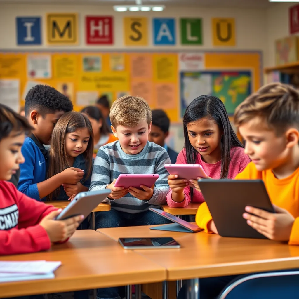 A colorful and engaging classroom setting where students of different ages and backgrounds are using tablets and laptops. Some are interacting with an AI-powered app that highlights grammar errors and suggests corrections, showcasing engagement and learning.