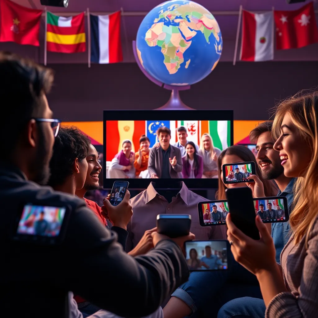 A high-quality image of a diverse group of people watching a video on various devices, showcasing excitement and engagement. The background features a globe with flags of different countries, representing multilingual content. Bright, colorful visuals with video player elements should be included.