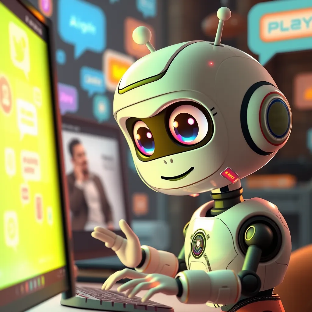 A lively animated web chat bot character with expressive eyes and vibrant colors, interacting with a user on a bright computer screen. The background showcases a fun, tech-inspired environment with elements like chat bubbles and engaging animations.