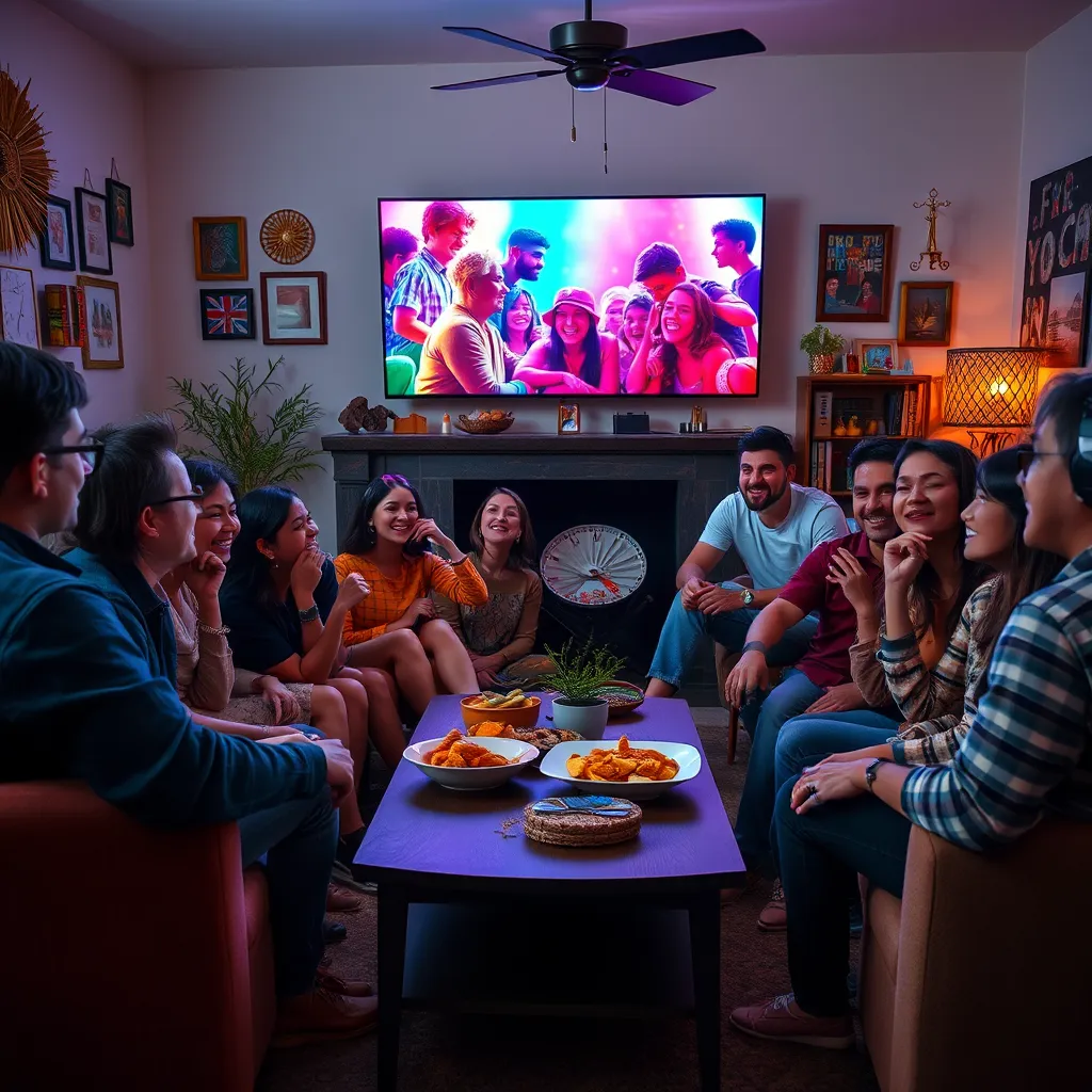 A lively group of diverse viewers, sitting around a cozy living room, captivated by a colorful video playing on a large screen. They are visibly amused and interested, with expressions of astonishment and joy. The room is filled with artistic decorations, and there are snacks on a coffee table, emphasizing a casual, inviting atmosphere.