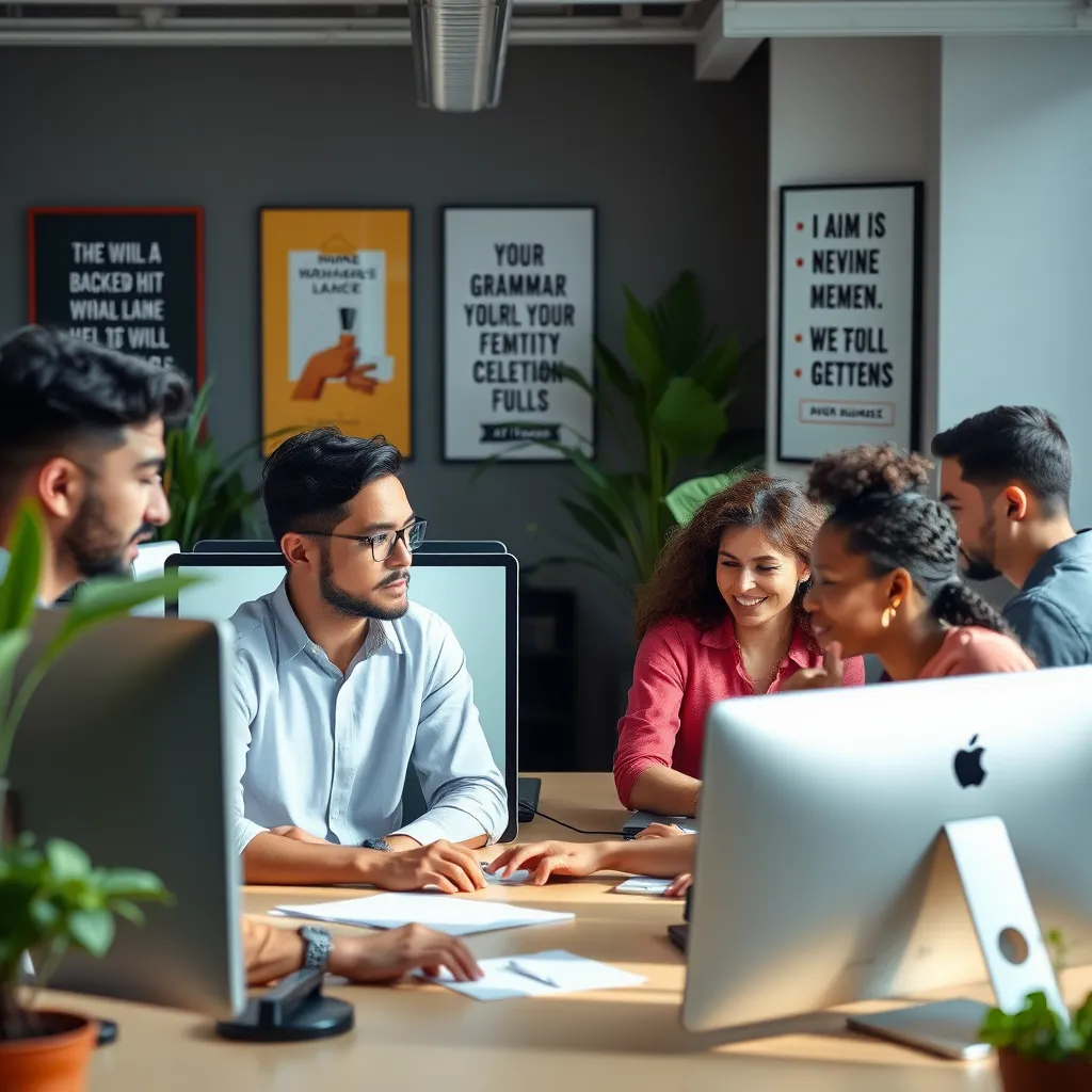 A modern office scene showing a diverse group of people collaborating on computers. One person is focused on a screen displaying AI grammar correction tools. The environment is bright, with plants and motivational posters emphasizing communication and clarity.