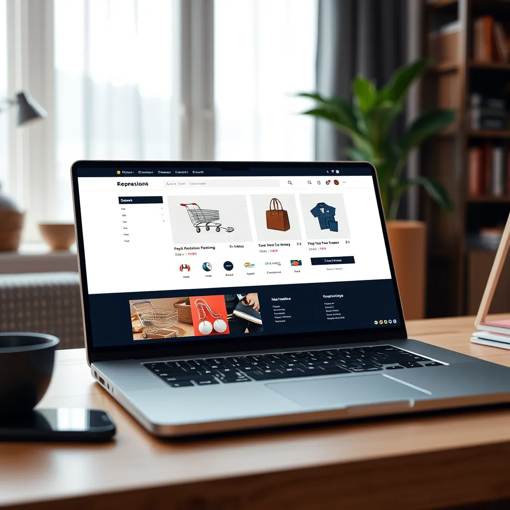 A photorealistic scene of a sleek, modern e-commerce website on a laptop screen, showcasing an elegant product layout with vibrant images. Include subtle elements like shopping carts, customer reviews, and various payment options. The background should be a cozy home office environment.