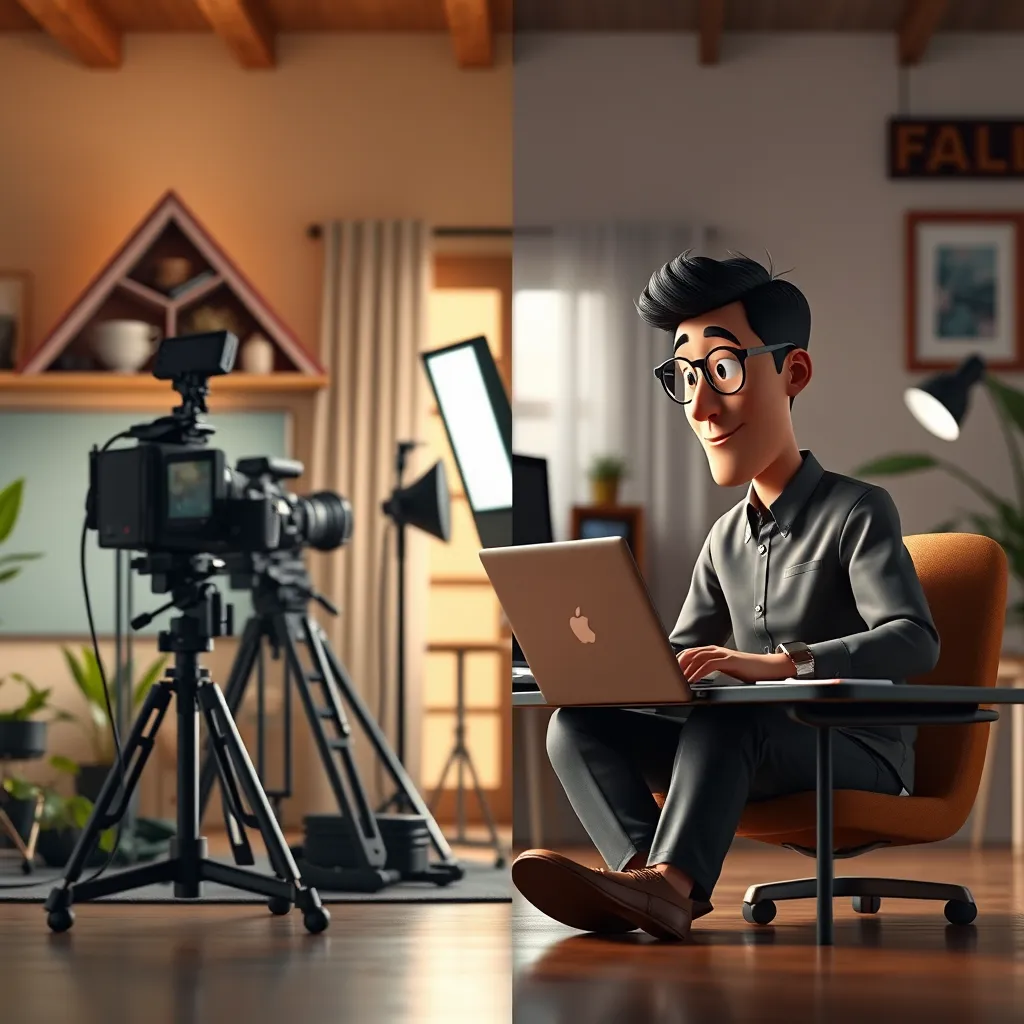 A split-screen image showing a traditional video production setup on one side with costs piling up, and on the other side, an animated spokesperson working seamlessly on a laptop in a home office, showcasing an effective marketing strategy with budget constraints.