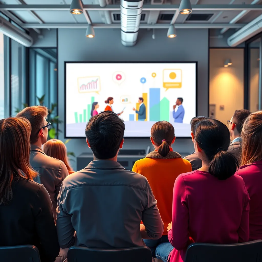 A vibrant and colorful scene depicting a group of diverse people watching an animated video on a large screen in a modern office setting, with visual elements representing engagement such as charts and speech bubbles, in a dynamic and lively atmosphere.