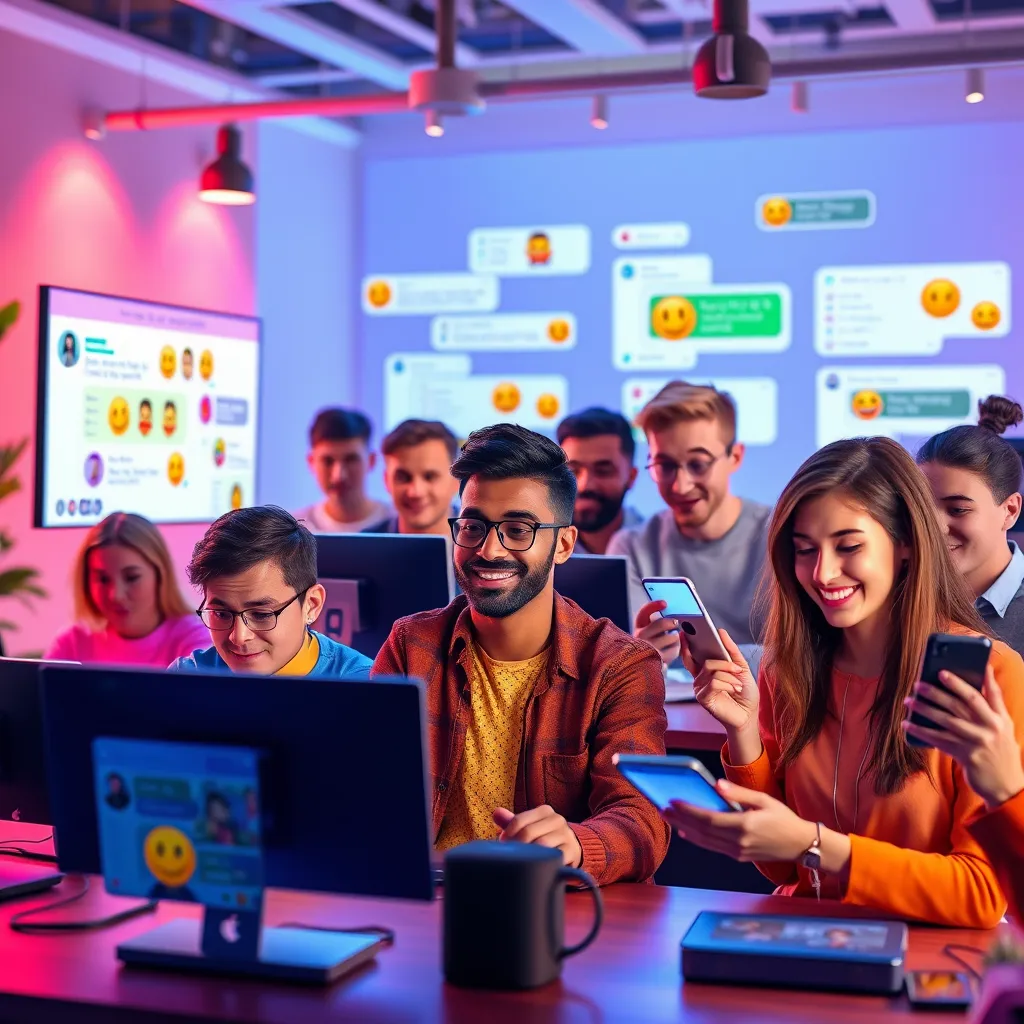 A vibrant digital scene depicting a diverse team of affordable social media web chat agents, engaging with customers on various devices. Show multiple screens featuring chat interfaces and emojis, with a lively atmosphere, bright colors, and friendly expressions.