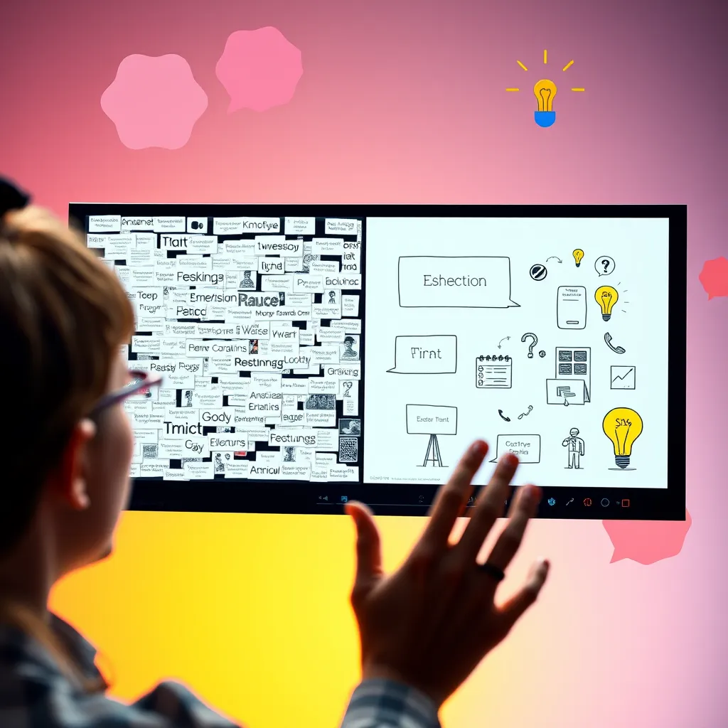A vibrant scene depicting a split-screen video short, showing a person explaining a complex concept using engaging visuals. The left side features a cluttered text-filled presentation, while the right side displays an animated, simplified graphic representation. The background should be bright with elements symbolizing communication, like speech bubbles and light bulbs.
