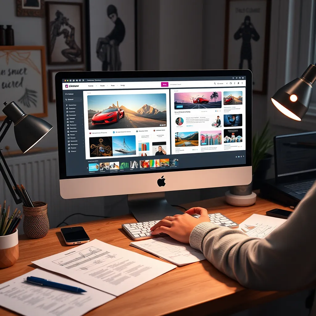 A visually engaging image depicting a designer actively working on a computer screen with the Elementor page builder interface. Showcase colorful landing pages full of captivating graphics and text, with sketches and notes scattered around a stylish workspace.