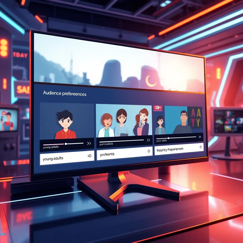A visually striking illustration showing multiple animated video thumbnails on a digital screen, each labeled with different audience preferences like 'young adults', 'parents', and 'professionals', set against a backdrop of futuristic technology, showcasing diversity and customization.