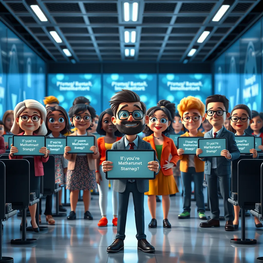 An animated spokesperson designed in multiple diverse styles representing different age groups and cultures, standing in a sleek digital environment. Each version interacts with an audience using personalized messages on digital screens, highlighting the importance of diversity in marketing.