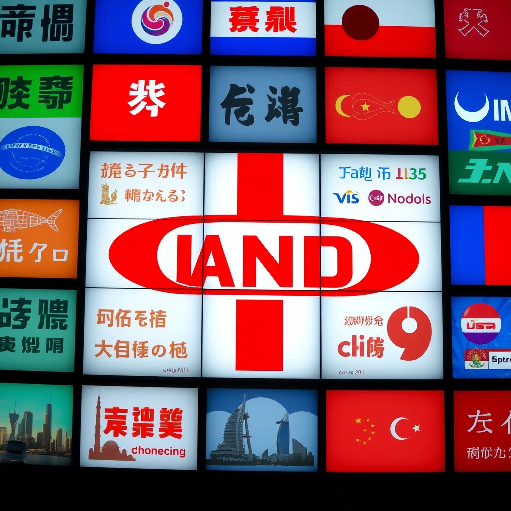 An artistic representation of a brand logo displayed in various languages on video screens, highlighting the brand's identity. Surround the logo with symbols of different cultures, such as landmarks or traditional designs, to emphasize multicultural reach and branding.