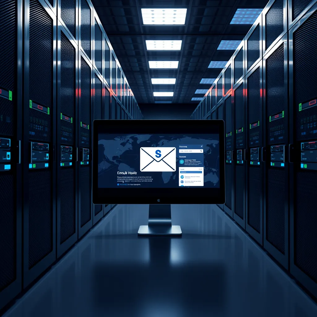 An image illustrating a server room full of data cabinets representing domain hosting. In the foreground, visualize a sleek computer displaying a professional email interface with a company logo. Soft lighting should accentuate the high-tech environment.