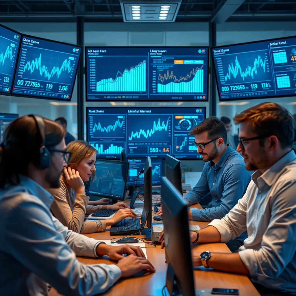 An image of a tech team working in a modern office, surrounded by screens showing data analytics and graphs related to AI performance. The atmosphere is collaborative, highlighting the commitment to improving grammar and punctuation through technology.