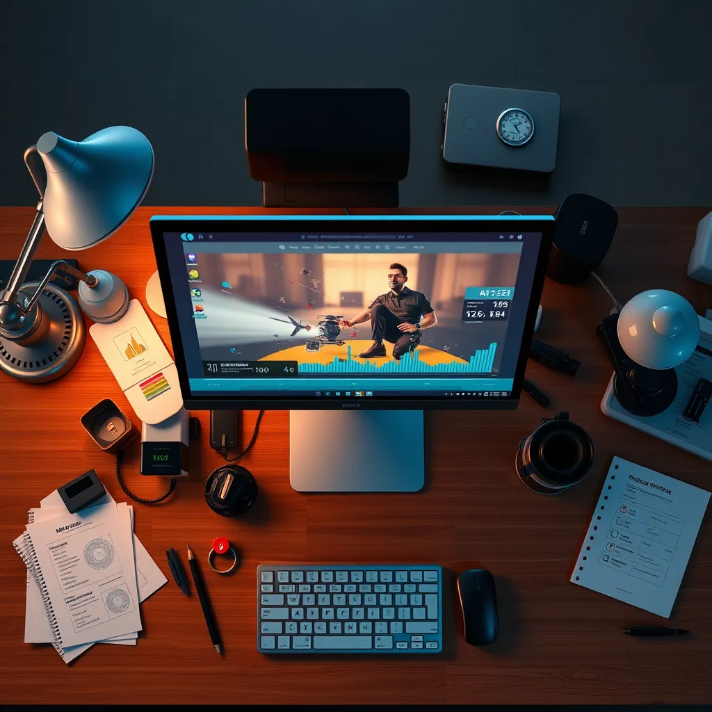 An overhead view of a digital workspace with a computer displaying an AI video creation program, surrounded by notes and tools, to illustrate a cost-effective and streamlined production process; include clear indicators of reduced time and budget on a visible chart.