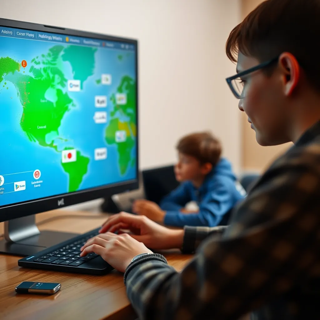 A classroom setting with students from different backgrounds engaging with educational videos. Include diverse learning materials, such as tablets and projectors, captioned in multiple languages. Use a warm, inviting color palette to convey a positive learning environment.